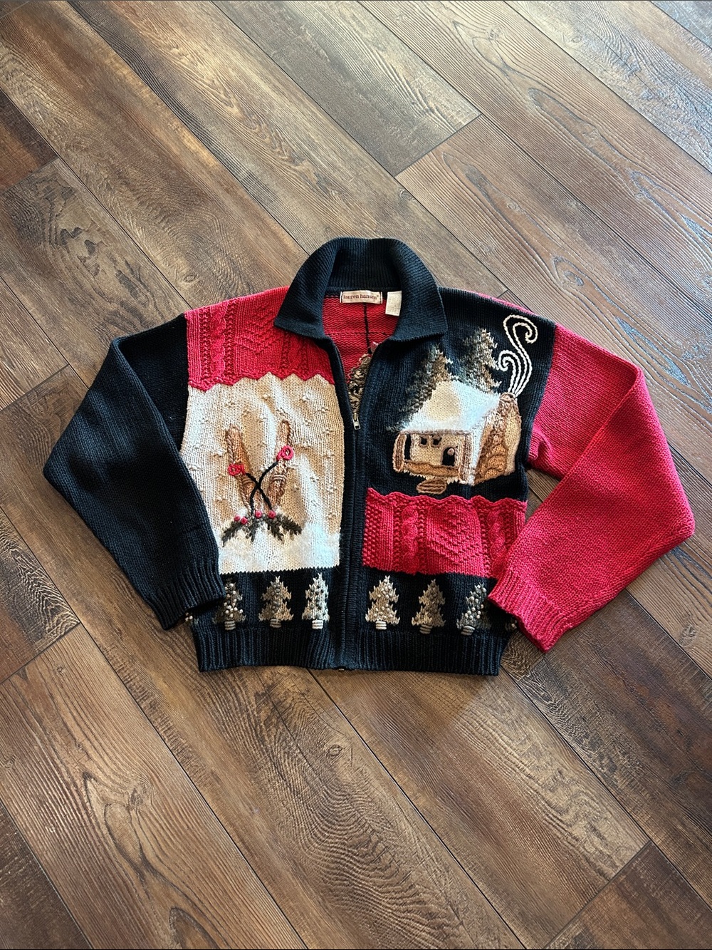 Vintage Cozy Holiday Zip-Up Knit Sweater Jacket - Red, Black & Cream